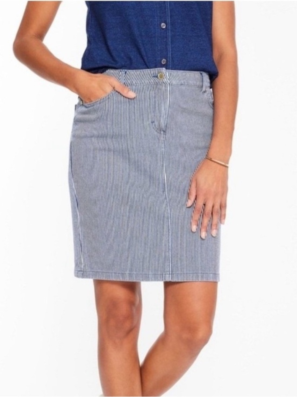 Striped Blue Cotton-Blend Pencil Skirt